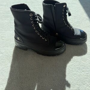 CHANEL Canvas Black Combat Boots
